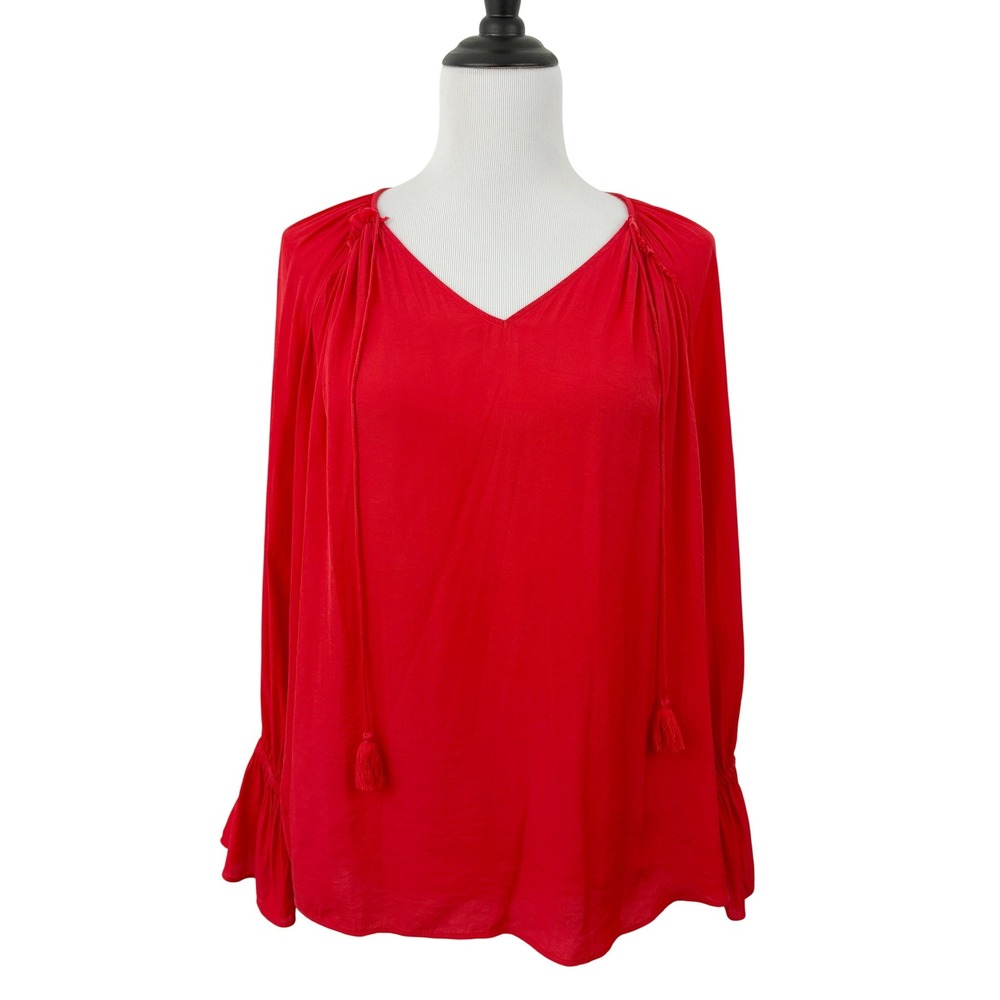 Ramy Brook Lane Blouse Size M Spicy Red Tie Tassel V-Neck Long Sleeve Boho